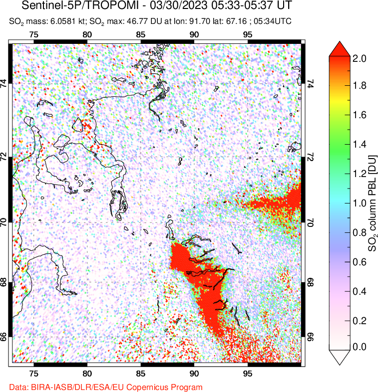 A sulfur dioxide image over Norilsk, Russian Federation on Mar 30, 2023.