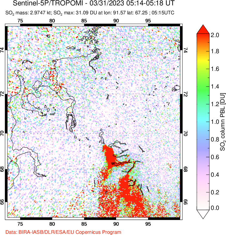 A sulfur dioxide image over Norilsk, Russian Federation on Mar 31, 2023.