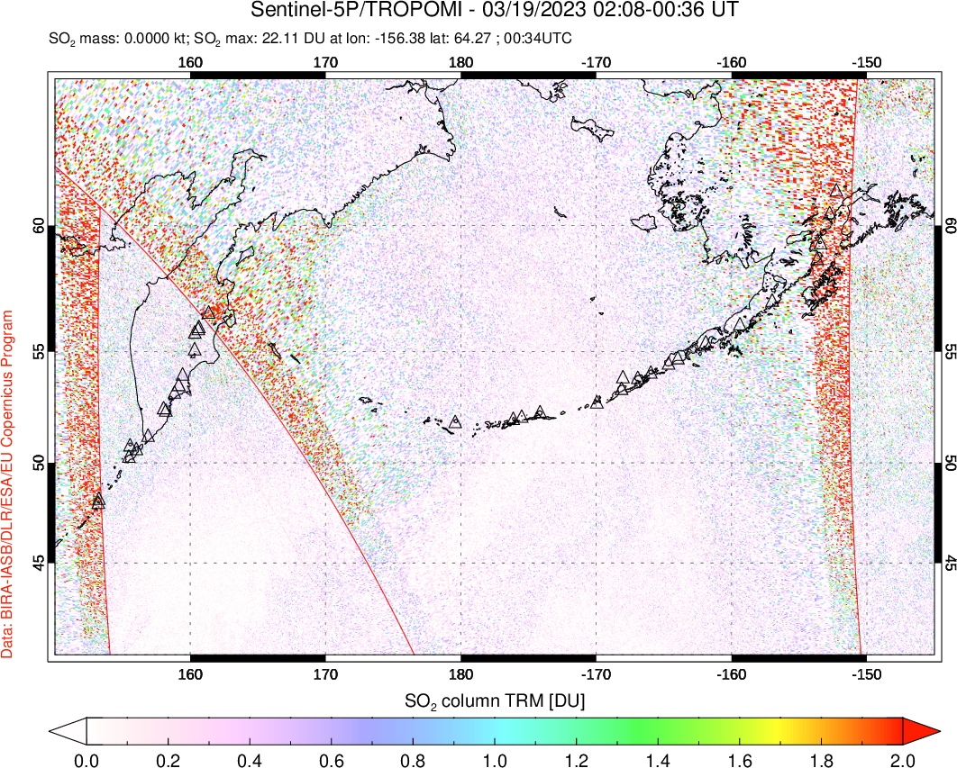 A sulfur dioxide image over North Pacific on Mar 19, 2023.