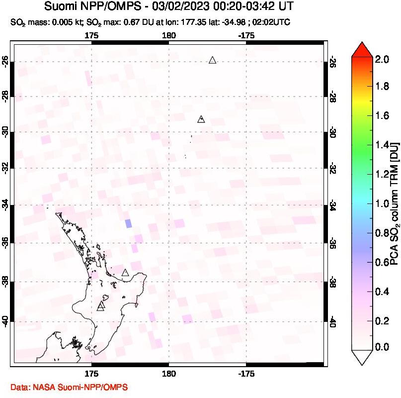 A sulfur dioxide image over New Zealand on Mar 02, 2023.