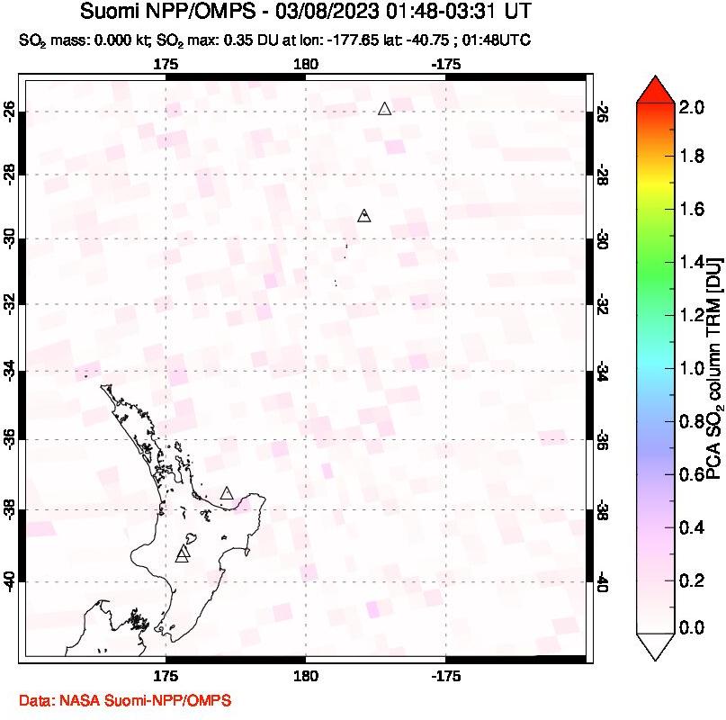 A sulfur dioxide image over New Zealand on Mar 08, 2023.