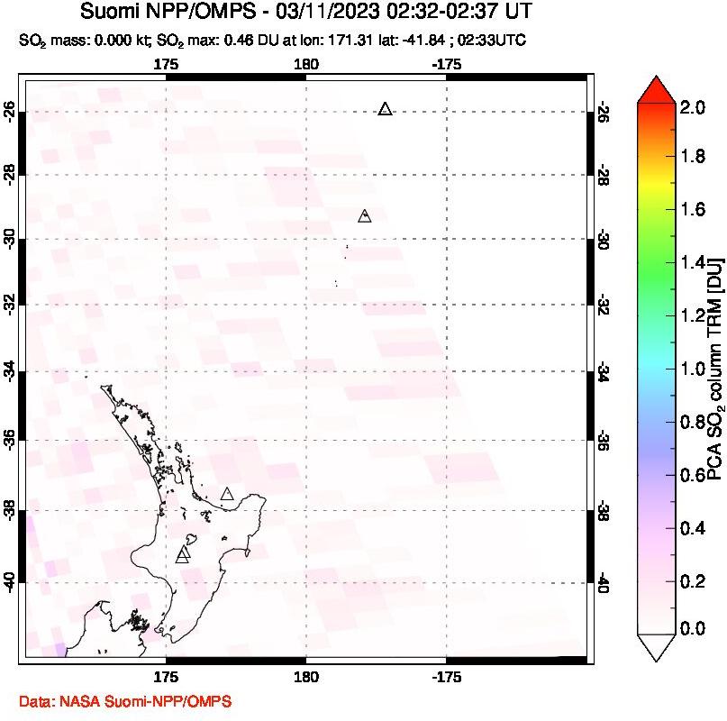 A sulfur dioxide image over New Zealand on Mar 11, 2023.
