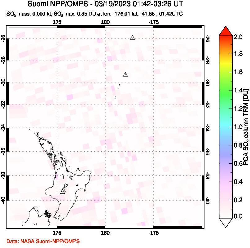 A sulfur dioxide image over New Zealand on Mar 19, 2023.