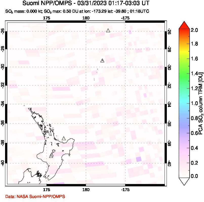 A sulfur dioxide image over New Zealand on Mar 31, 2023.