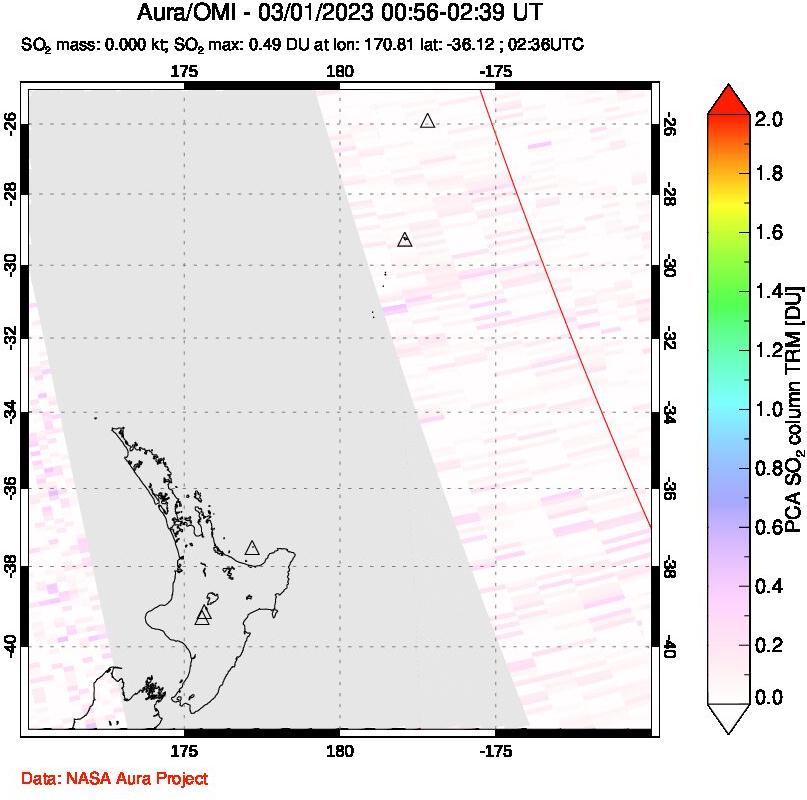 A sulfur dioxide image over New Zealand on Mar 01, 2023.