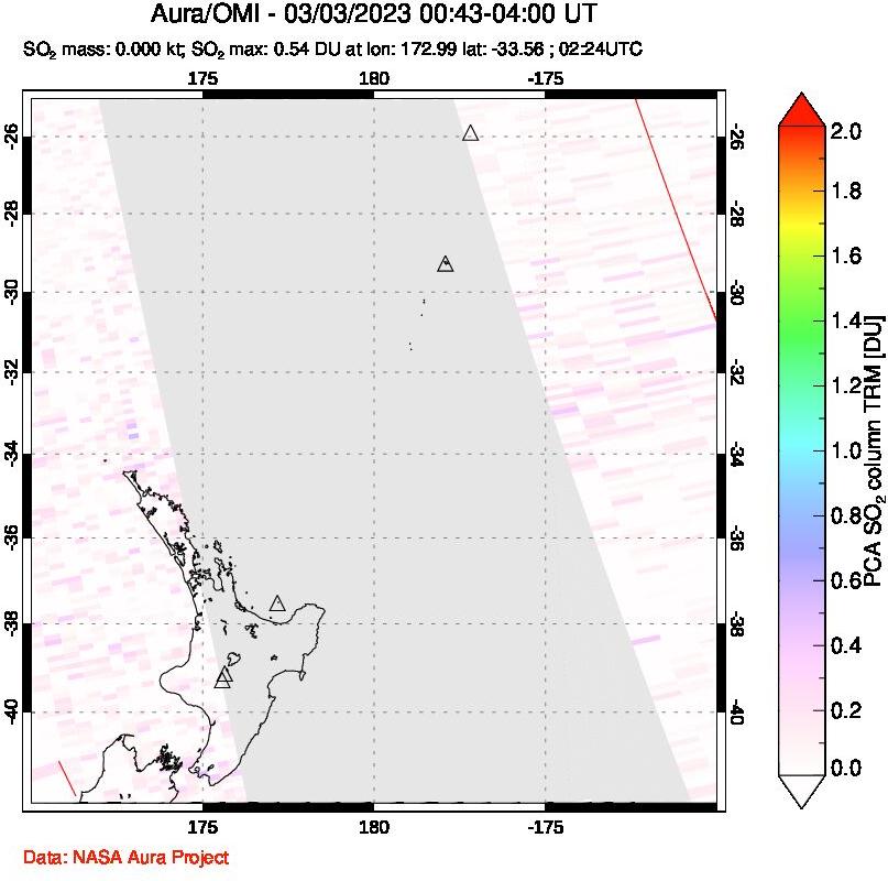 A sulfur dioxide image over New Zealand on Mar 03, 2023.