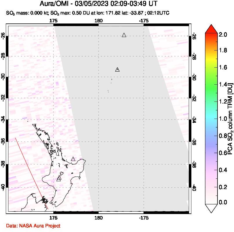 A sulfur dioxide image over New Zealand on Mar 05, 2023.