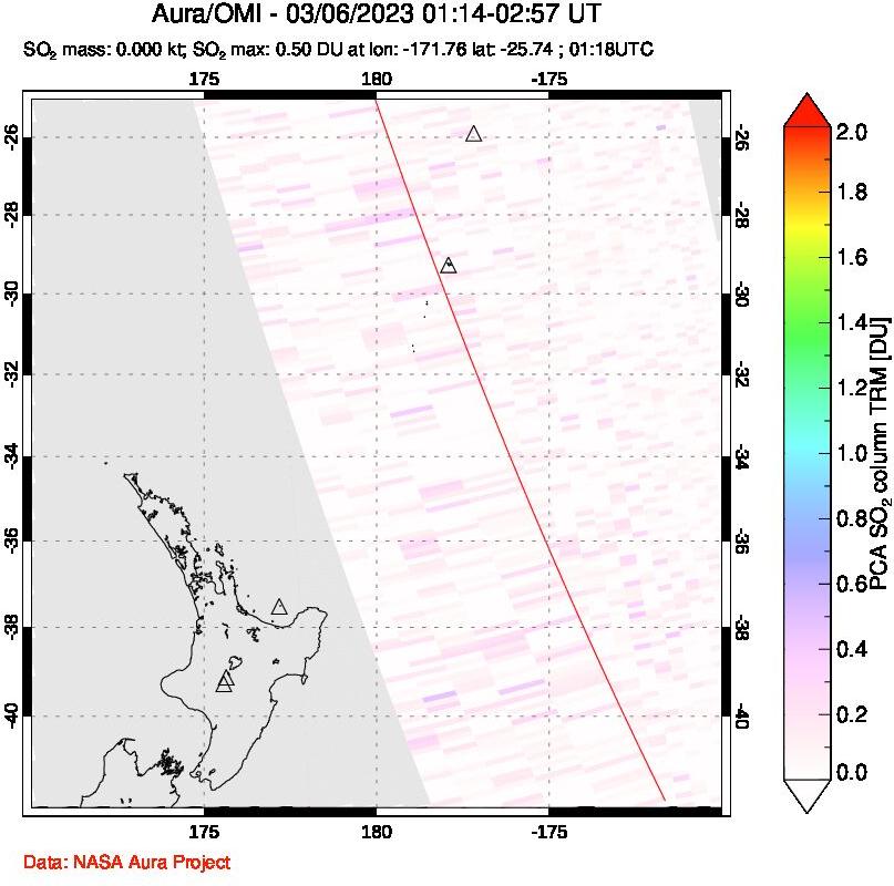 A sulfur dioxide image over New Zealand on Mar 06, 2023.