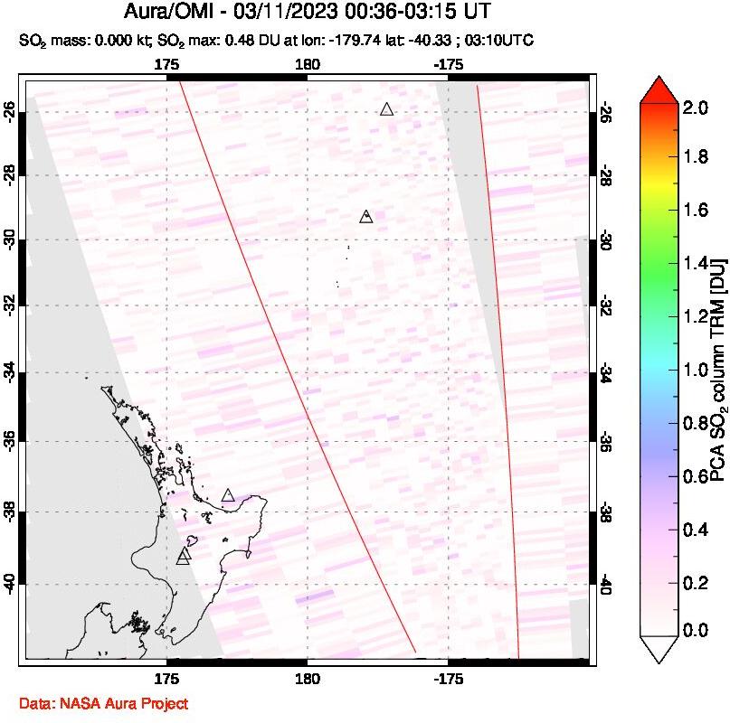 A sulfur dioxide image over New Zealand on Mar 11, 2023.