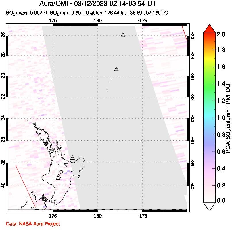 A sulfur dioxide image over New Zealand on Mar 12, 2023.