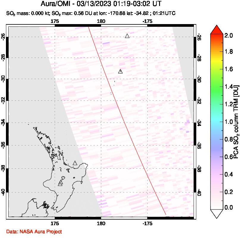 A sulfur dioxide image over New Zealand on Mar 13, 2023.