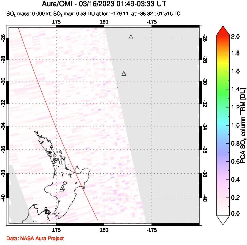 A sulfur dioxide image over New Zealand on Mar 16, 2023.