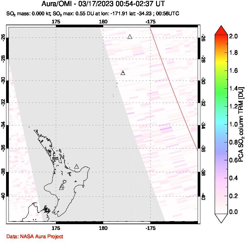 A sulfur dioxide image over New Zealand on Mar 17, 2023.