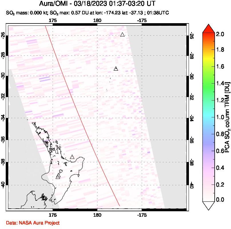 A sulfur dioxide image over New Zealand on Mar 18, 2023.