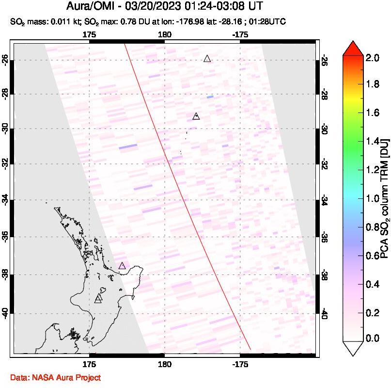 A sulfur dioxide image over New Zealand on Mar 20, 2023.