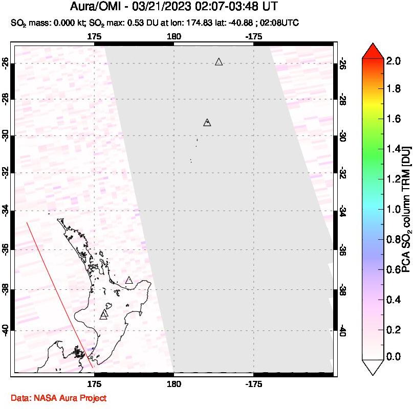 A sulfur dioxide image over New Zealand on Mar 21, 2023.