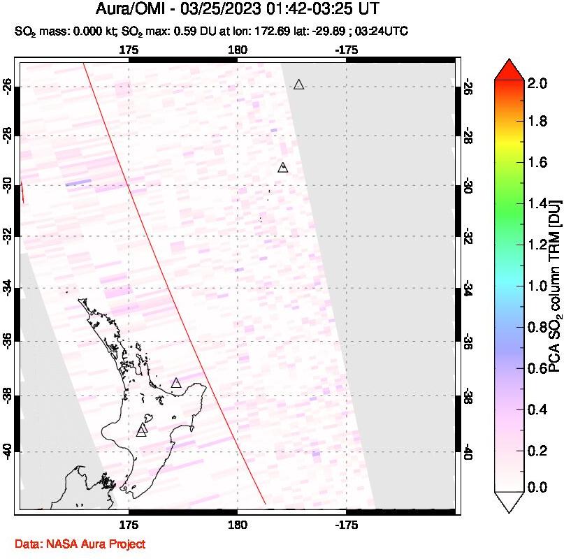 A sulfur dioxide image over New Zealand on Mar 25, 2023.