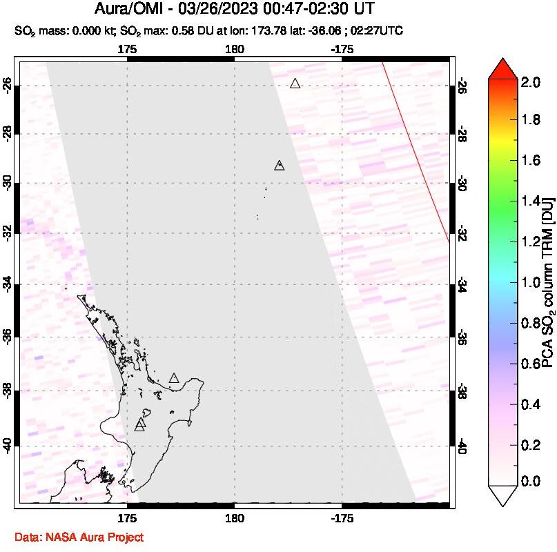 A sulfur dioxide image over New Zealand on Mar 26, 2023.