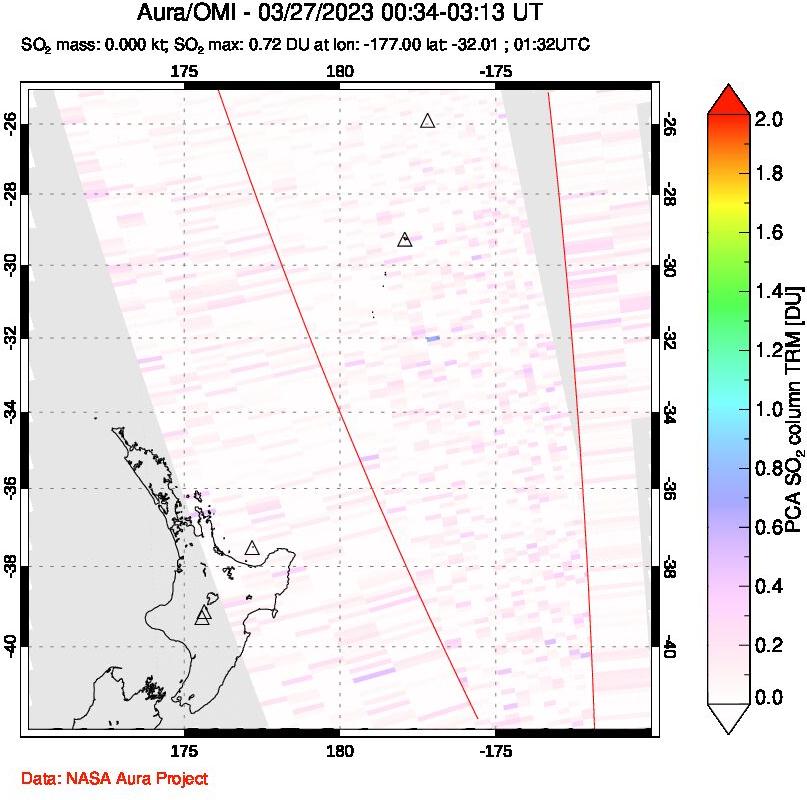 A sulfur dioxide image over New Zealand on Mar 27, 2023.