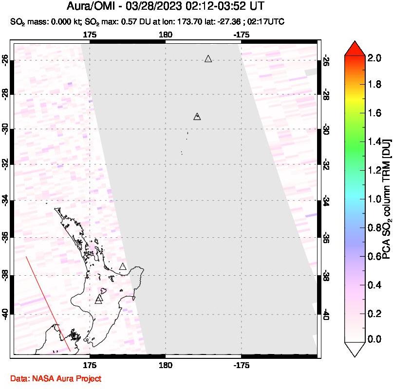 A sulfur dioxide image over New Zealand on Mar 28, 2023.
