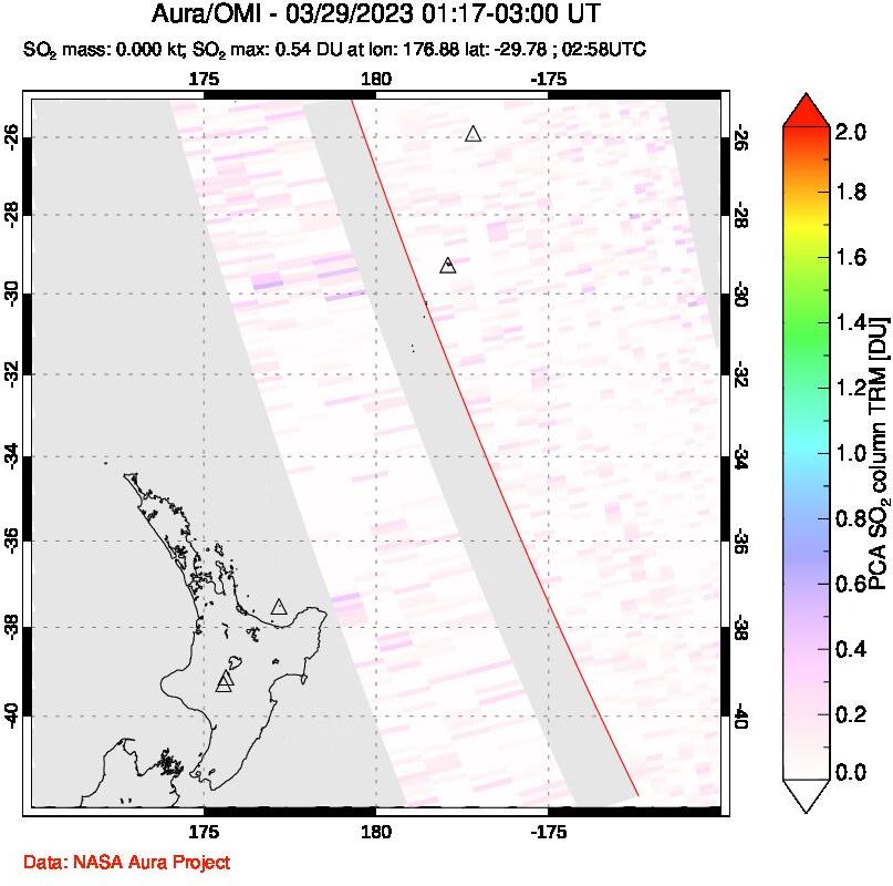 A sulfur dioxide image over New Zealand on Mar 29, 2023.