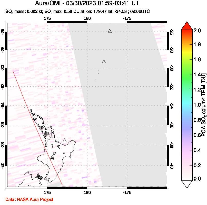 A sulfur dioxide image over New Zealand on Mar 30, 2023.