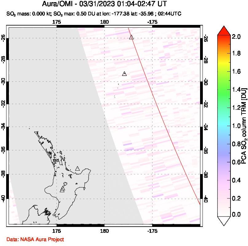 A sulfur dioxide image over New Zealand on Mar 31, 2023.