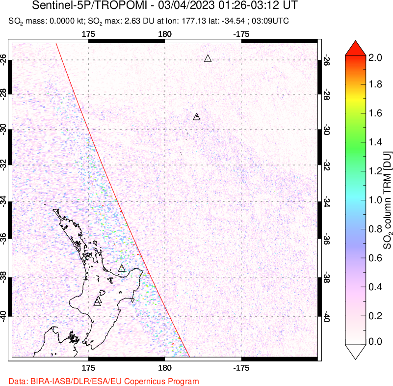 A sulfur dioxide image over New Zealand on Mar 04, 2023.