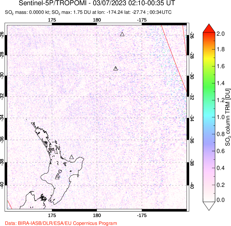 A sulfur dioxide image over New Zealand on Mar 07, 2023.