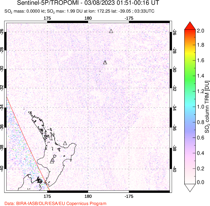 A sulfur dioxide image over New Zealand on Mar 08, 2023.