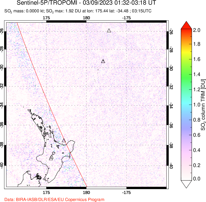 A sulfur dioxide image over New Zealand on Mar 09, 2023.
