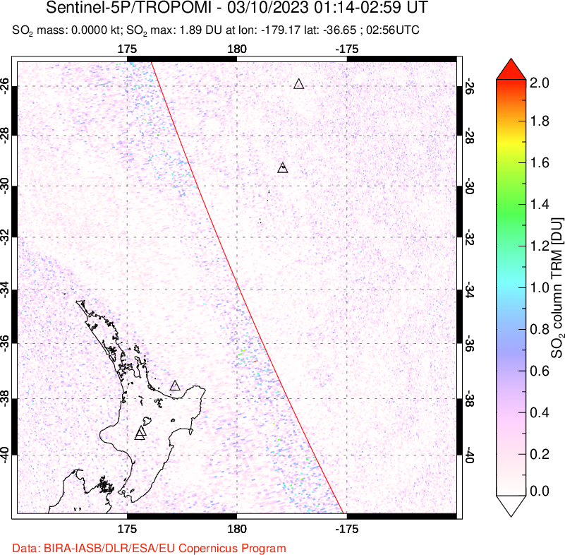 A sulfur dioxide image over New Zealand on Mar 10, 2023.