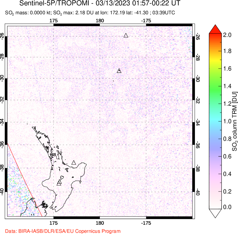 A sulfur dioxide image over New Zealand on Mar 13, 2023.