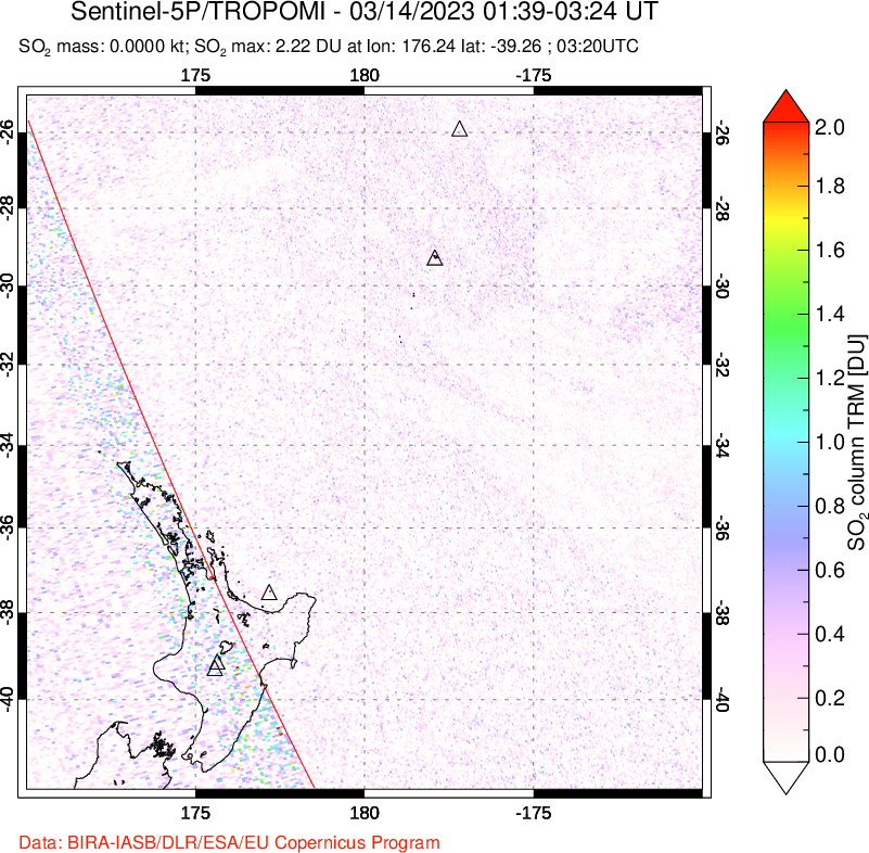A sulfur dioxide image over New Zealand on Mar 14, 2023.