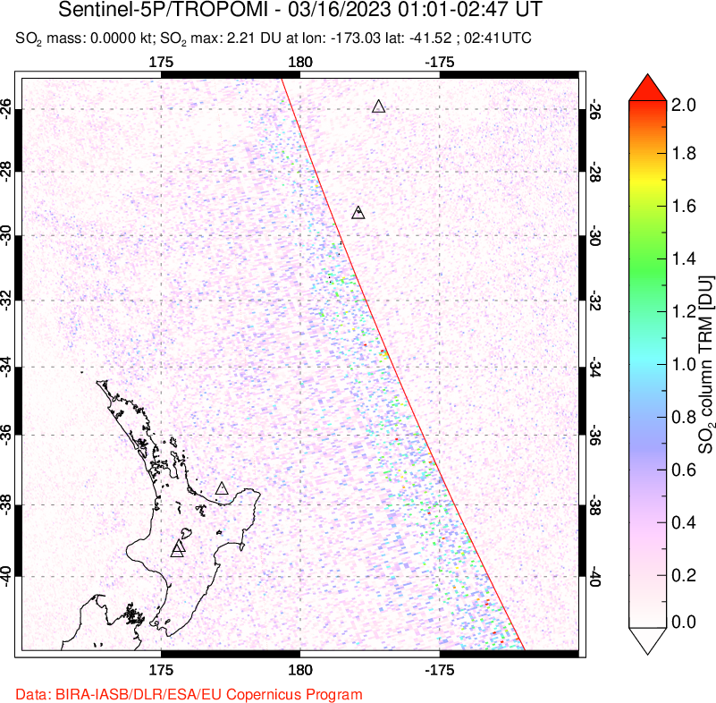 A sulfur dioxide image over New Zealand on Mar 16, 2023.