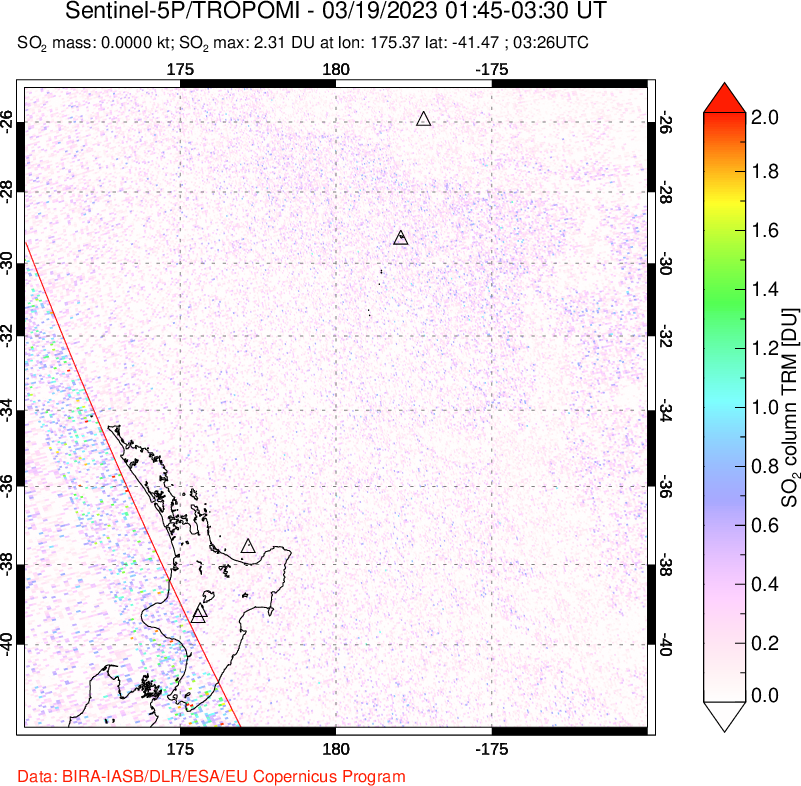A sulfur dioxide image over New Zealand on Mar 19, 2023.