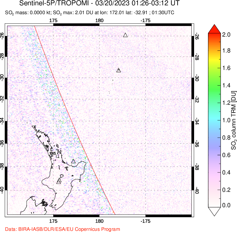 A sulfur dioxide image over New Zealand on Mar 20, 2023.