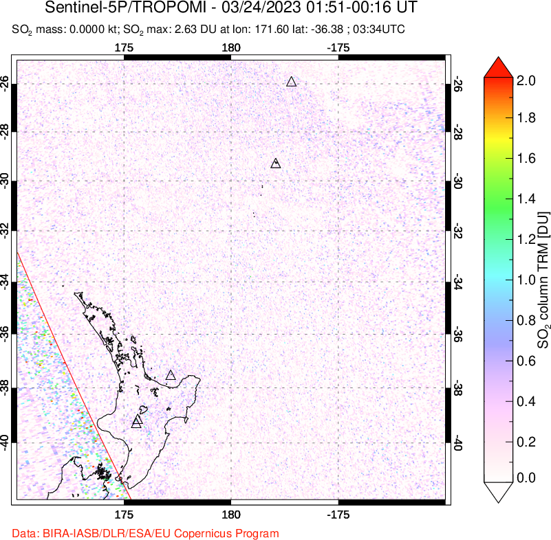 A sulfur dioxide image over New Zealand on Mar 24, 2023.