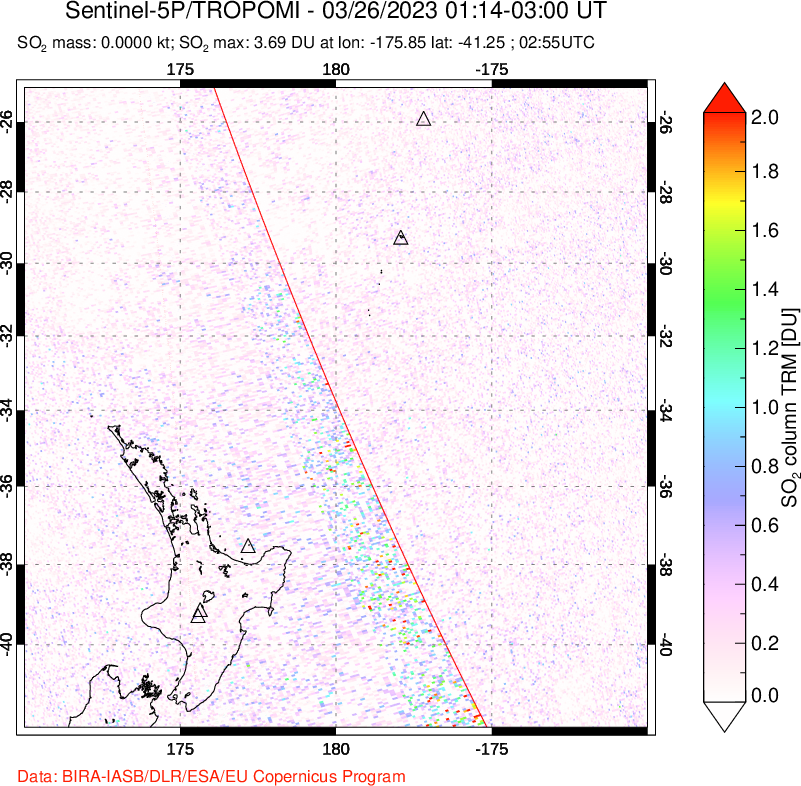 A sulfur dioxide image over New Zealand on Mar 26, 2023.