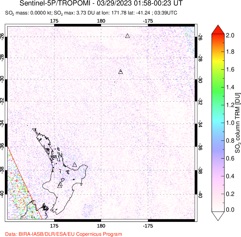 A sulfur dioxide image over New Zealand on Mar 29, 2023.