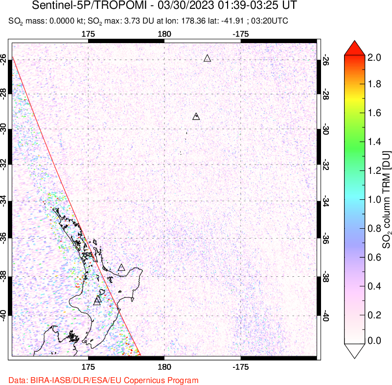 A sulfur dioxide image over New Zealand on Mar 30, 2023.