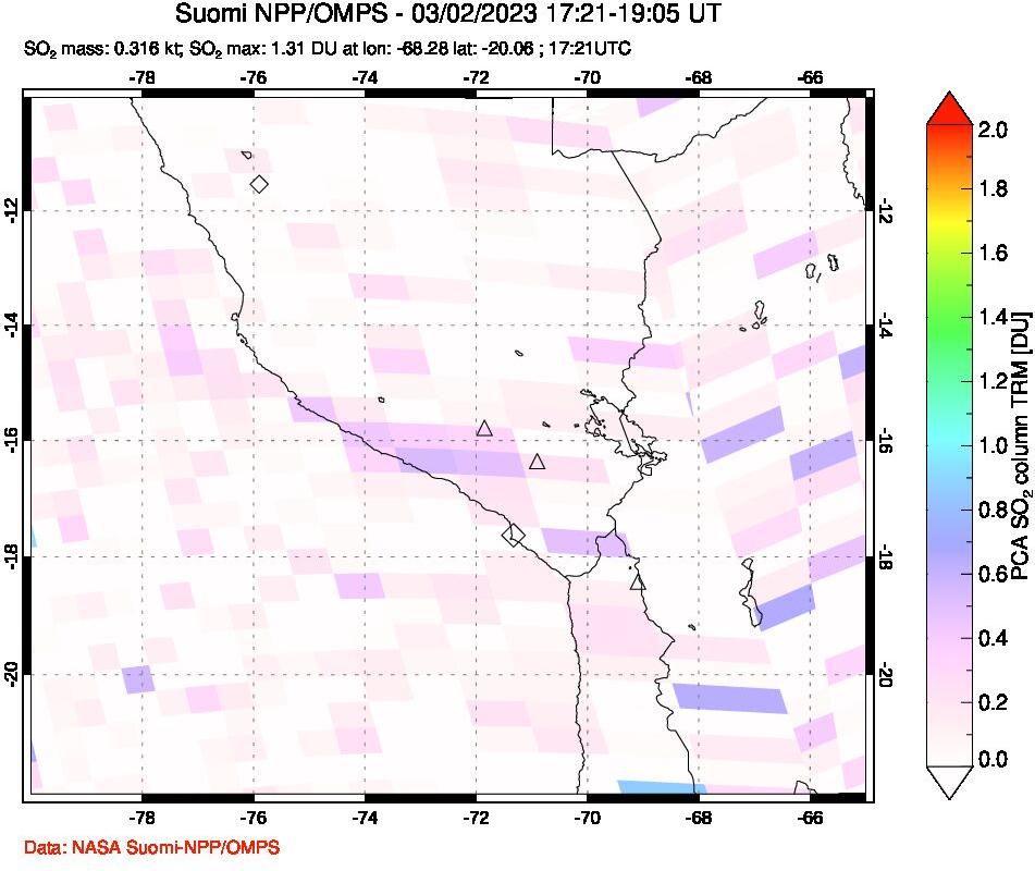 A sulfur dioxide image over Peru on Mar 02, 2023.