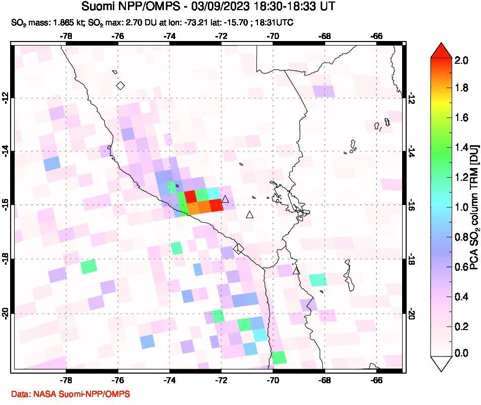 A sulfur dioxide image over Peru on Mar 09, 2023.