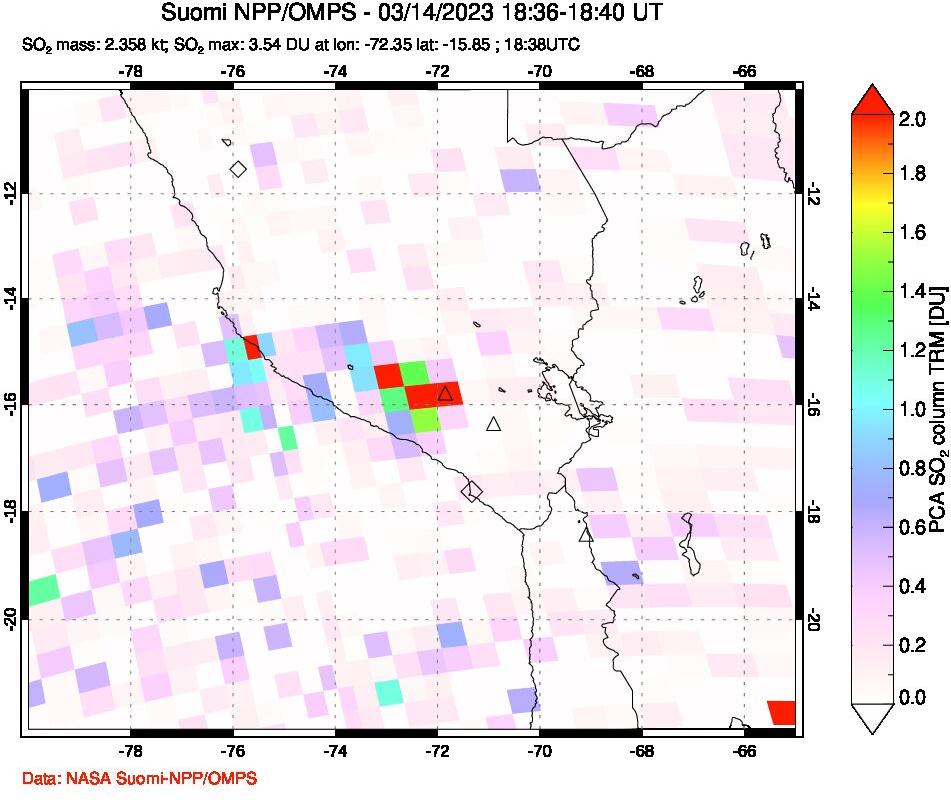 A sulfur dioxide image over Peru on Mar 14, 2023.