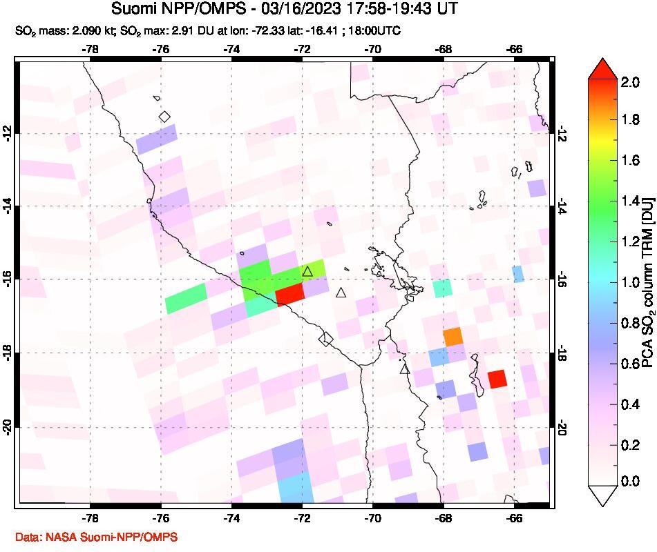 A sulfur dioxide image over Peru on Mar 16, 2023.