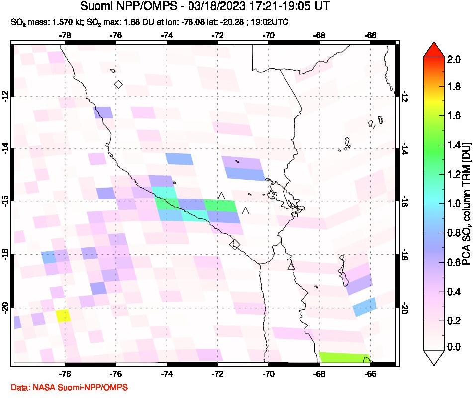 A sulfur dioxide image over Peru on Mar 18, 2023.