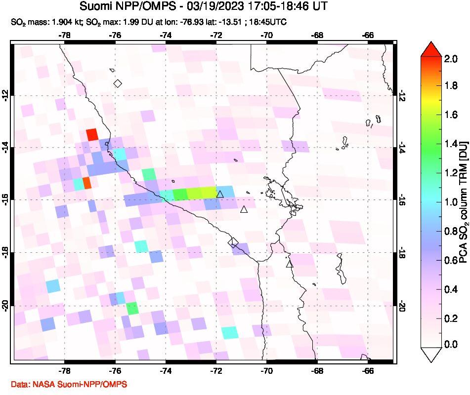 A sulfur dioxide image over Peru on Mar 19, 2023.