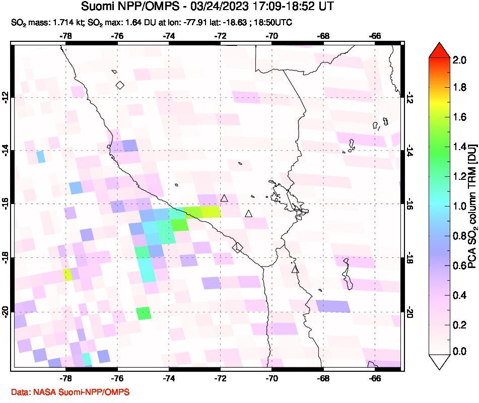 A sulfur dioxide image over Peru on Mar 24, 2023.