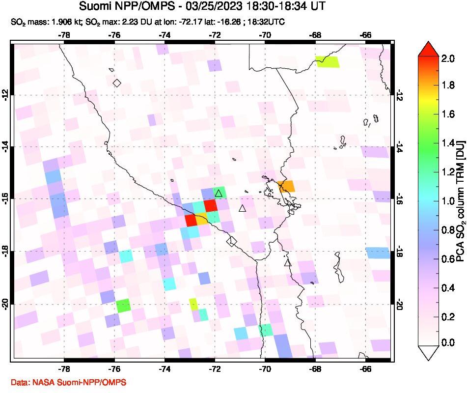 A sulfur dioxide image over Peru on Mar 25, 2023.