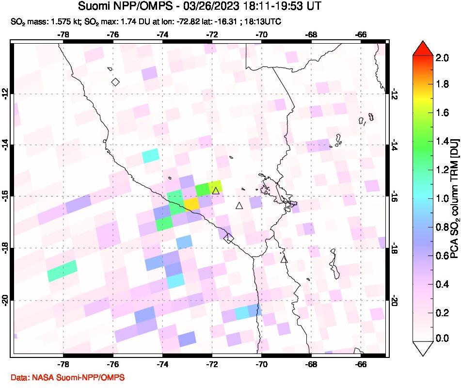 A sulfur dioxide image over Peru on Mar 26, 2023.